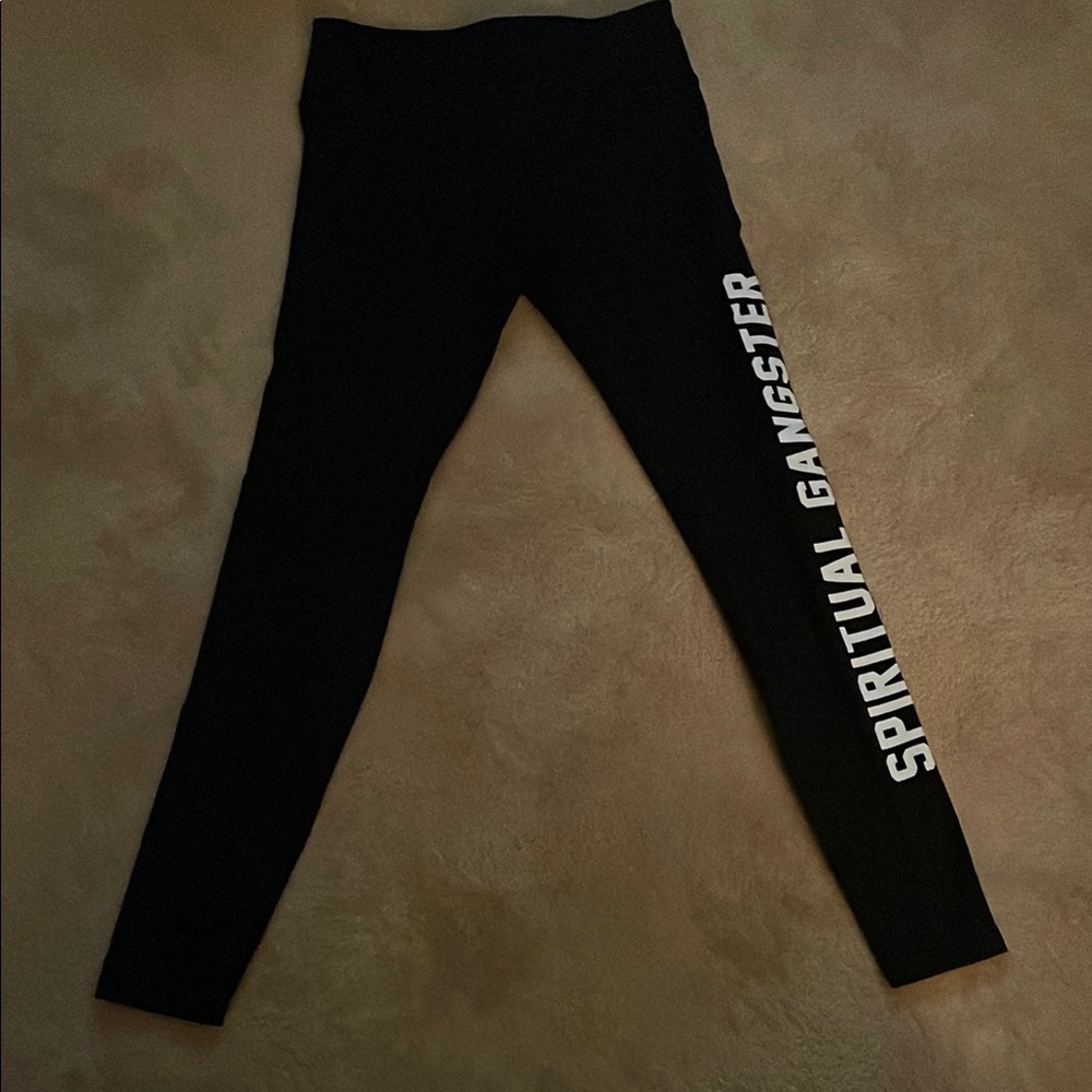 Spiritual Gangster Black Leggings with Vertical Text